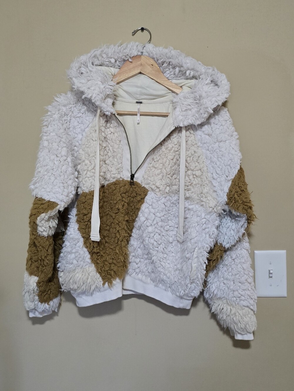 Free People Colorblock Teddy Sherpa Hoodie in Cream and Brown